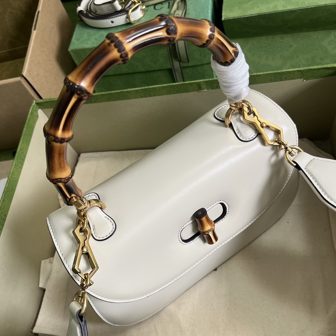 Bagsaaa Bamboo 1947 Medium Top Handle White Leather Bag - 26x17x9cm