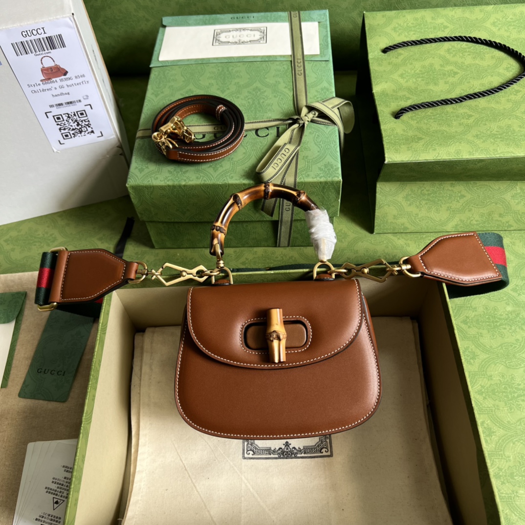 Bagsaaa Bamboo 1947 Mini Top Handle Brown Leather Bag - 17x12.5x8cm