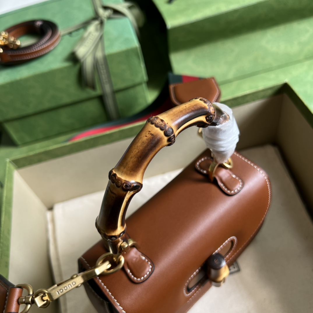 Bagsaaa Bamboo 1947 Mini Top Handle Brown Leather Bag - 17x12.5x8cm
