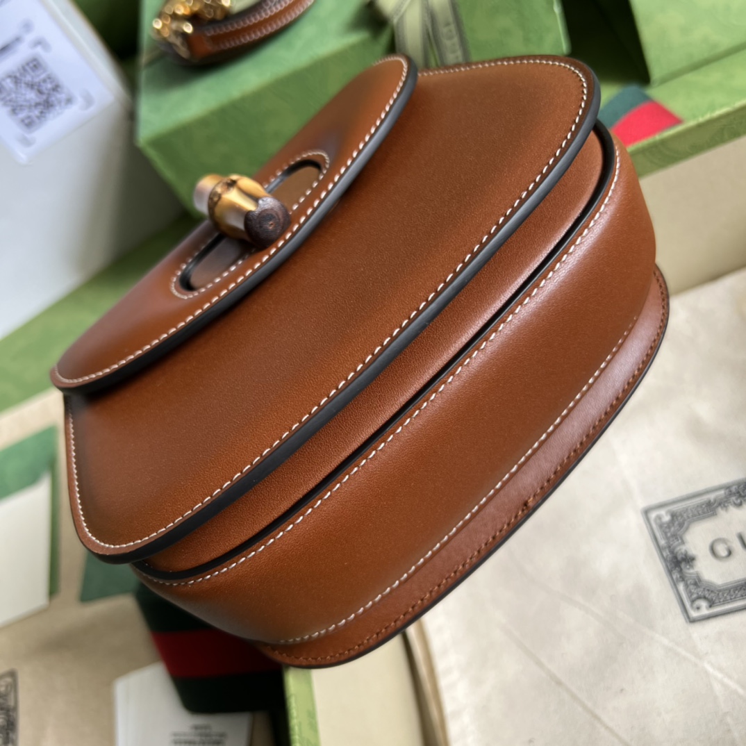 Bagsaaa Bamboo 1947 Mini Top Handle Brown Leather Bag - 17x12.5x8cm