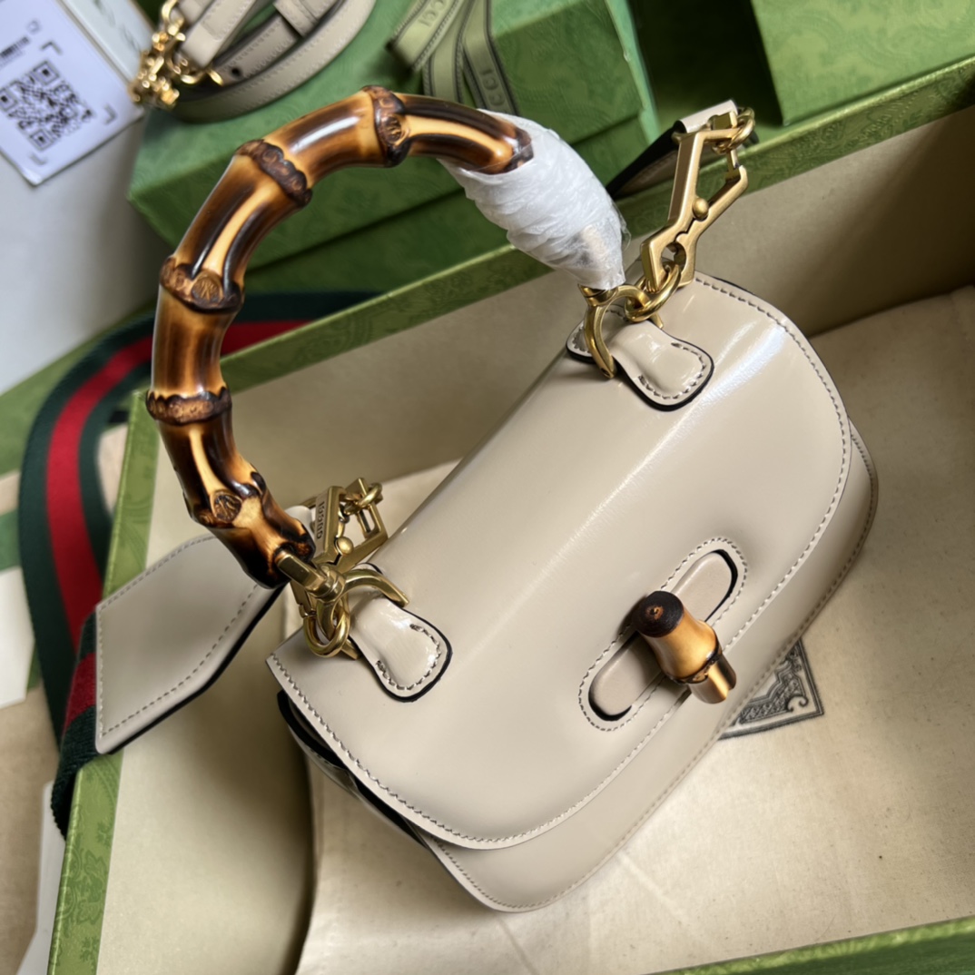 Bagsaaa Bamboo 1947 Mini Top Handle Creme Leather Bag - 17x12.5x8cm