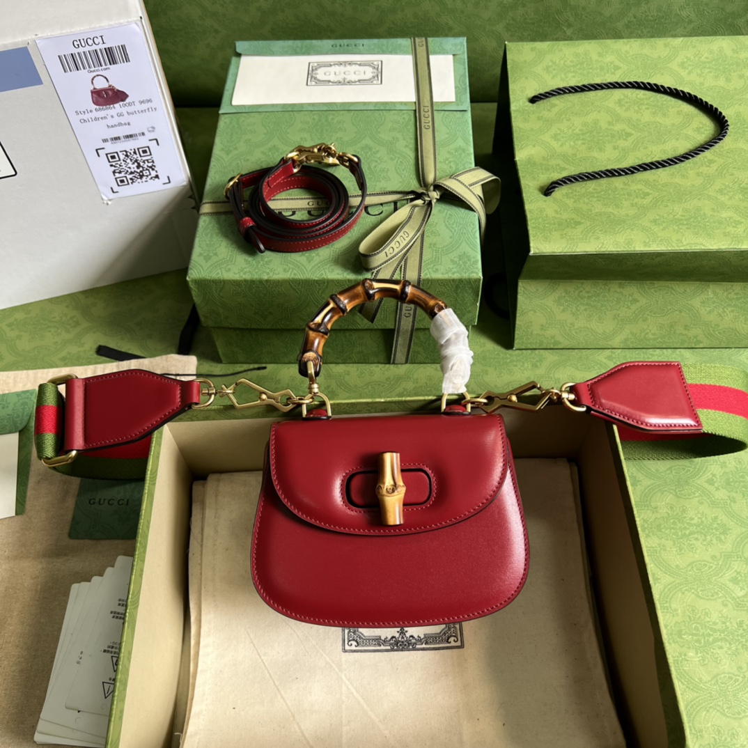 Bagsaaa Bamboo 1947 Mini Top Handle Red Leather Bag - 17x12.5x8cm