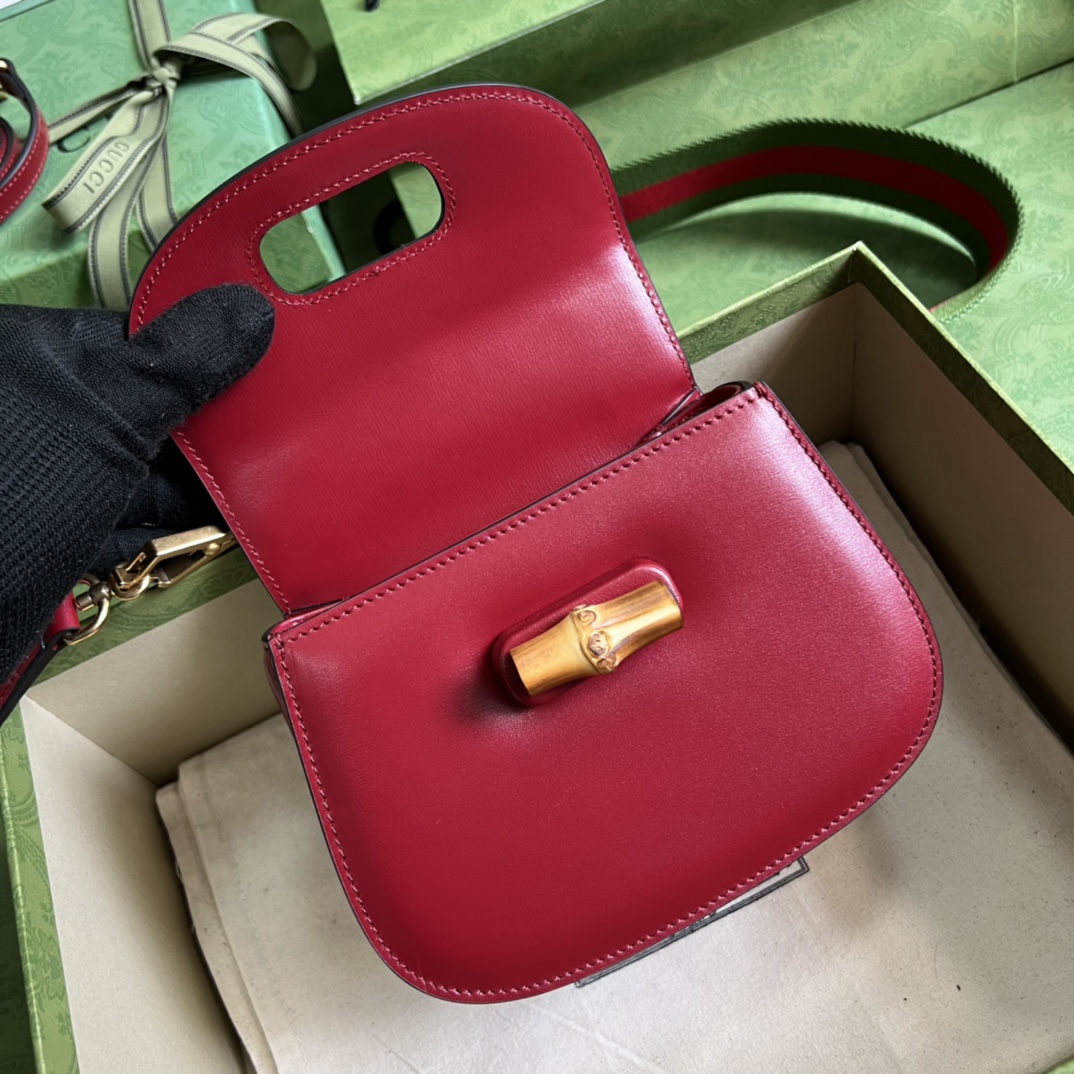 Bagsaaa Bamboo 1947 Mini Top Handle Red Leather Bag - 17x12.5x8cm
