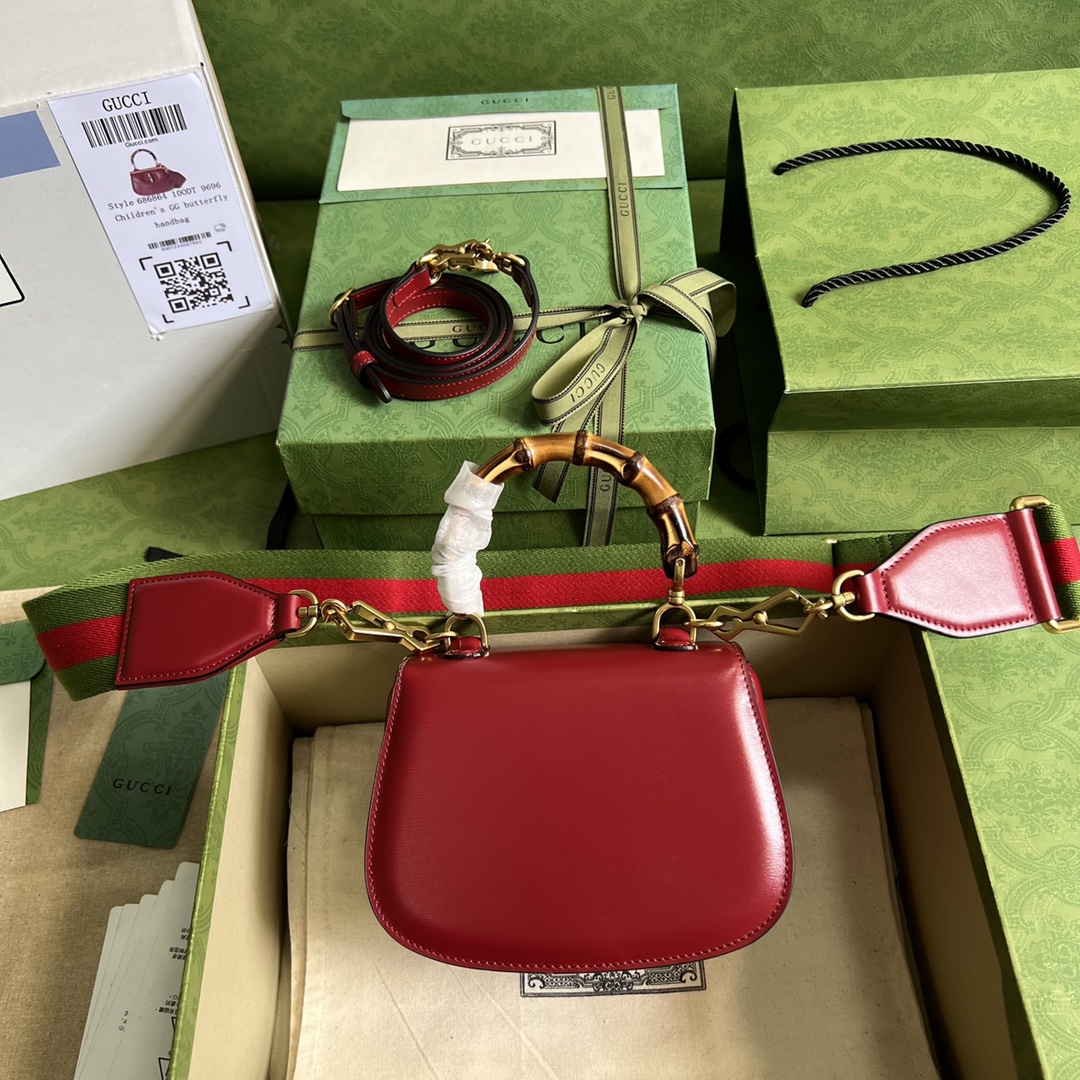 Bagsaaa Bamboo 1947 Mini Top Handle Red Leather Bag - 17x12.5x8cm