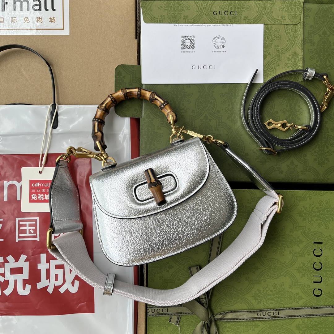 Bagsaaa Bamboo 1947 Mini Top Handle Silver Leather Bag - 17x12.5x8cm