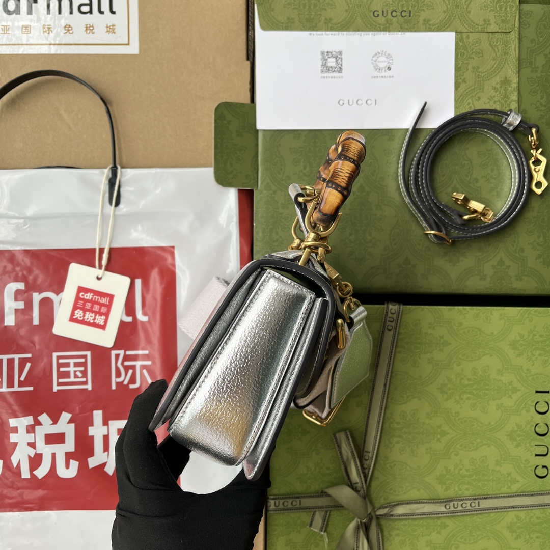 Bagsaaa Bamboo 1947 Mini Top Handle Silver Leather Bag - 17x12.5x8cm
