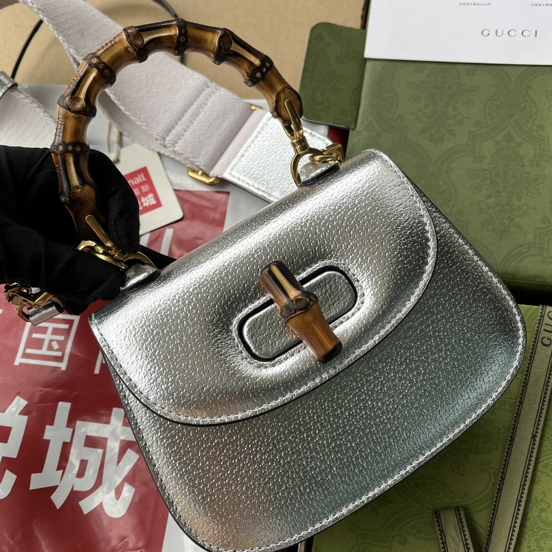 Bagsaaa Bamboo 1947 Mini Top Handle Silver Leather Bag - 17x12.5x8cm