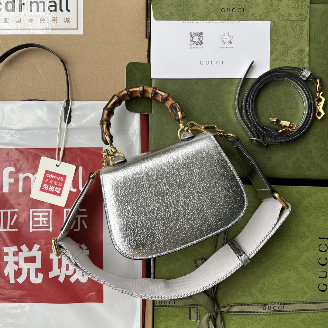 Bagsaaa Bamboo 1947 Mini Top Handle Silver Leather Bag - 17x12.5x8cm