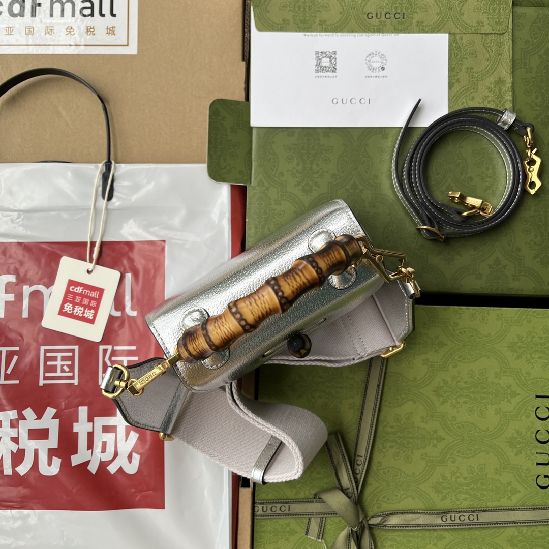Bagsaaa Bamboo 1947 Mini Top Handle Silver Leather Bag - 17x12.5x8cm