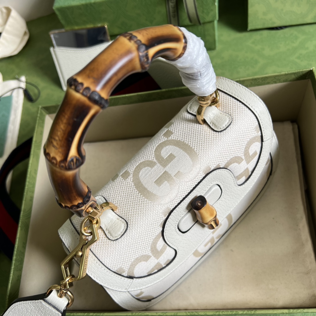 Bagsaaa Bamboo 1947 Aria Small Top Handle White Canvas Leather Bag - 21x15x7cm