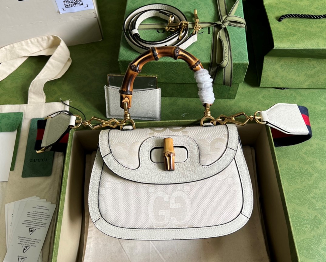 Bagsaaa Bamboo 1947 Aria Small Top Handle White Canvas Leather Bag - 21x15x7cm