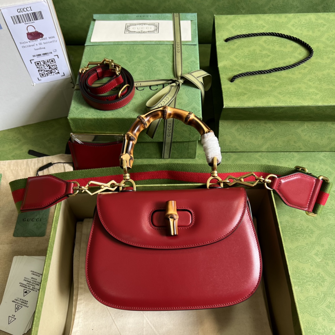 Bagsaaa Bamboo 1947 Small Top Handle Red Leather Bag - 21x15x7cm