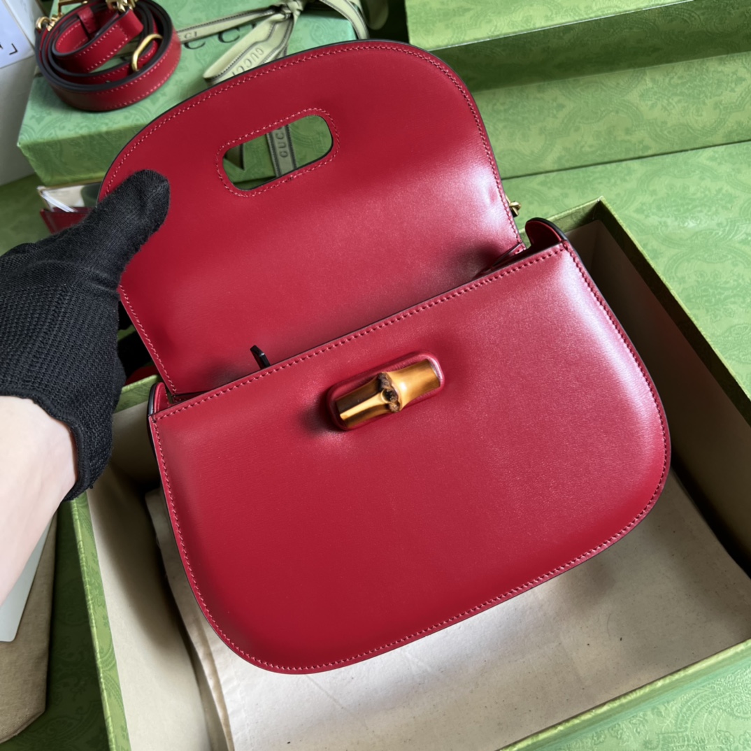 Bagsaaa Bamboo 1947 Small Top Handle Red Leather Bag - 21x15x7cm