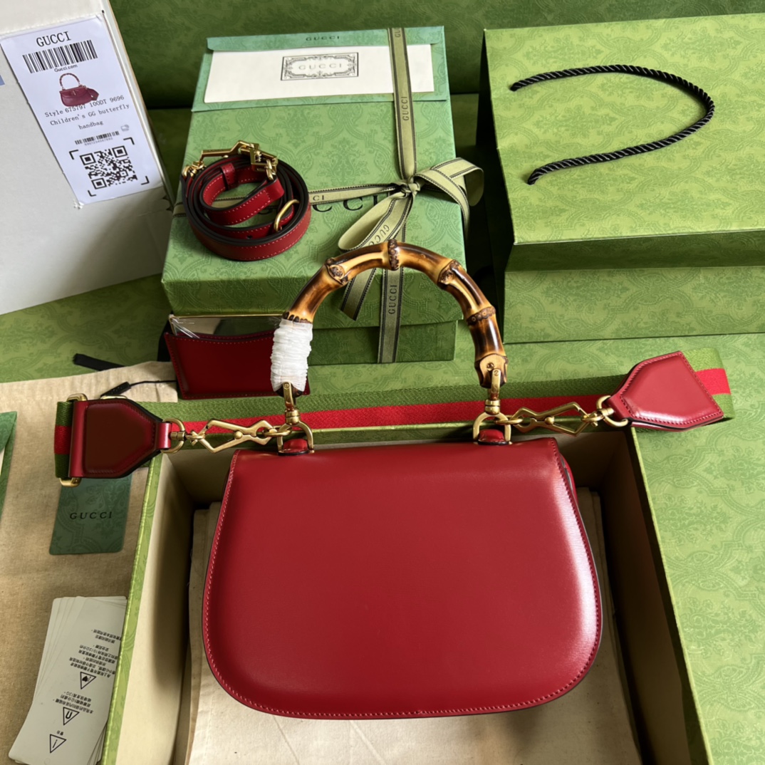 Bagsaaa Bamboo 1947 Small Top Handle Red Leather Bag - 21x15x7cm