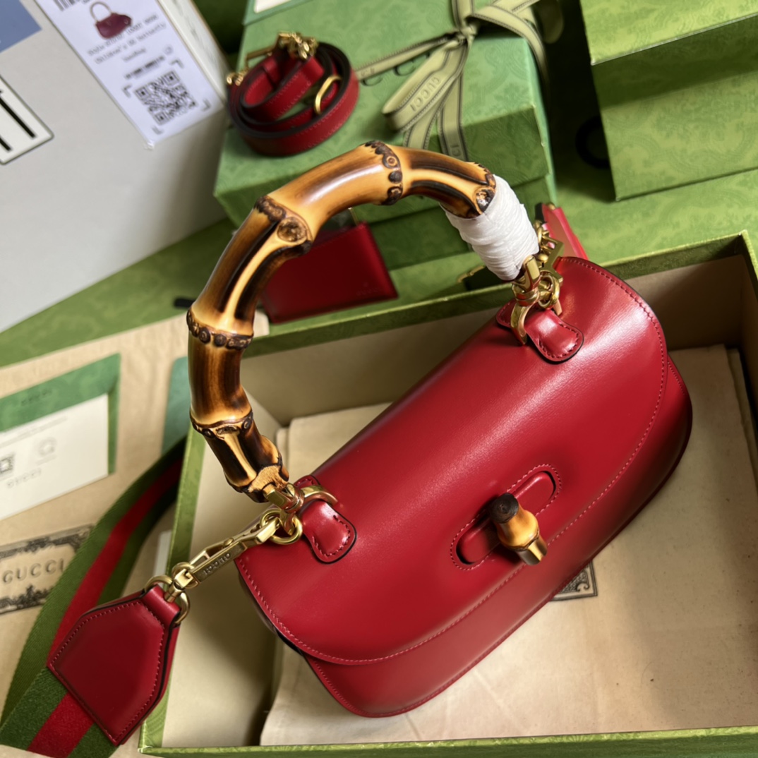 Bagsaaa Bamboo 1947 Small Top Handle Red Leather Bag - 21x15x7cm