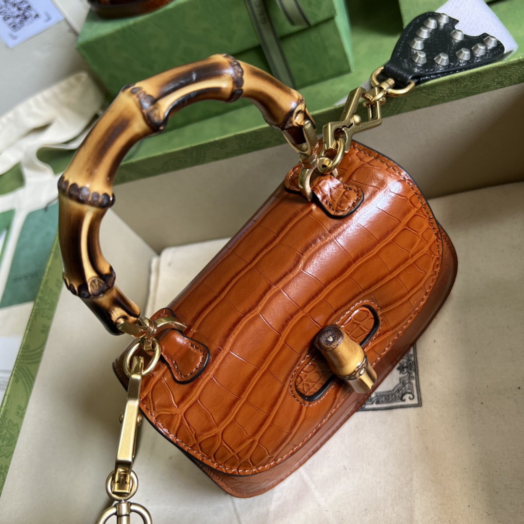 Bagsaaa Bamboo 1947 Mini Top Handle Brown Crocodile Leather Bag - 17x12.5x8cm