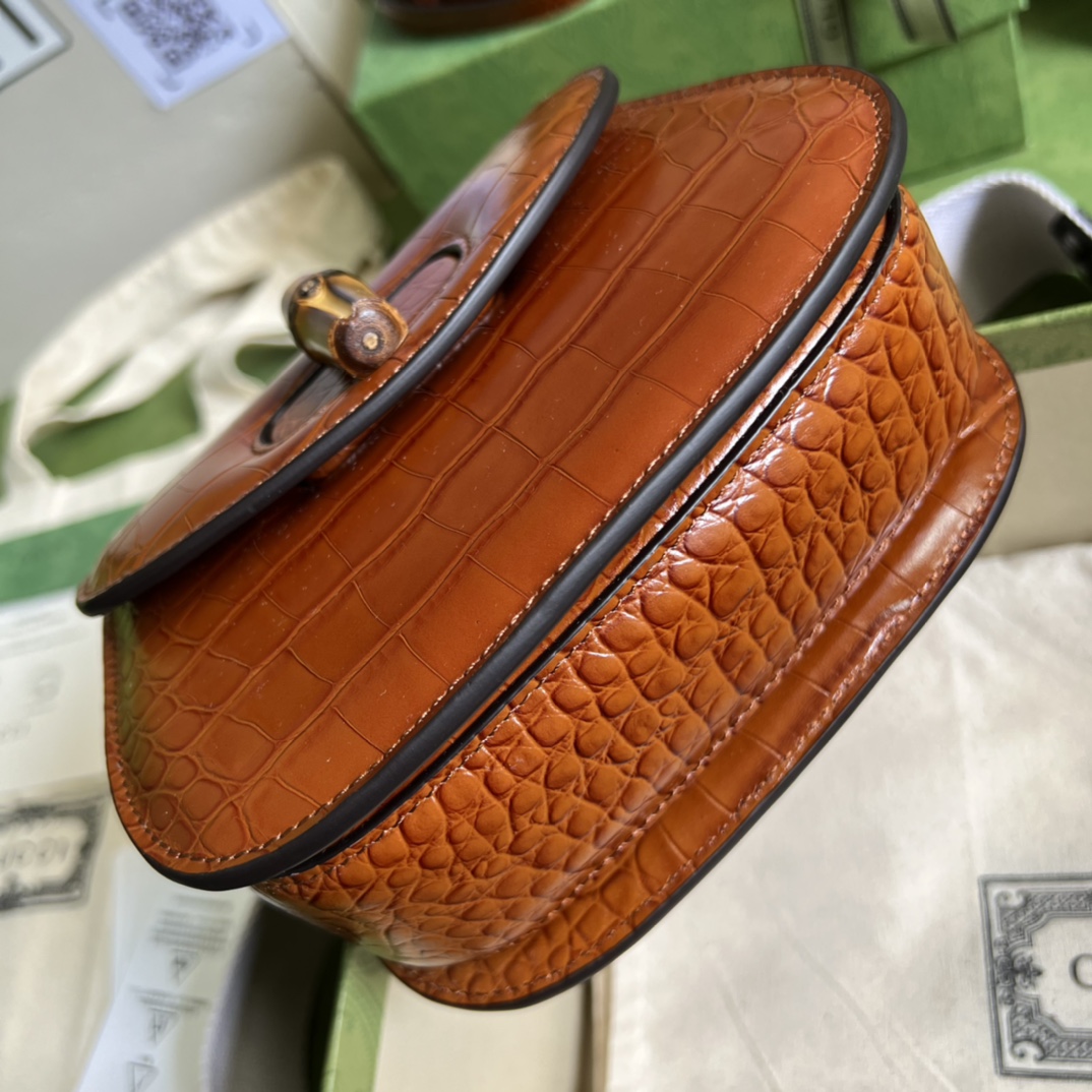 Bagsaaa Bamboo 1947 Mini Top Handle Brown Crocodile Leather Bag - 17x12.5x8cm