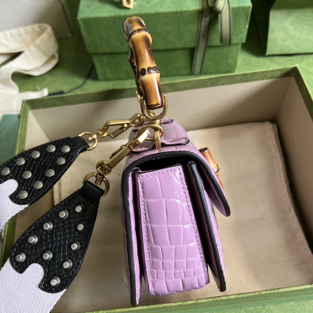 Bagsaaa Bamboo 1947 Mini Top Handle Purple Crocodile Leather Bag - 17x12.5x8cm