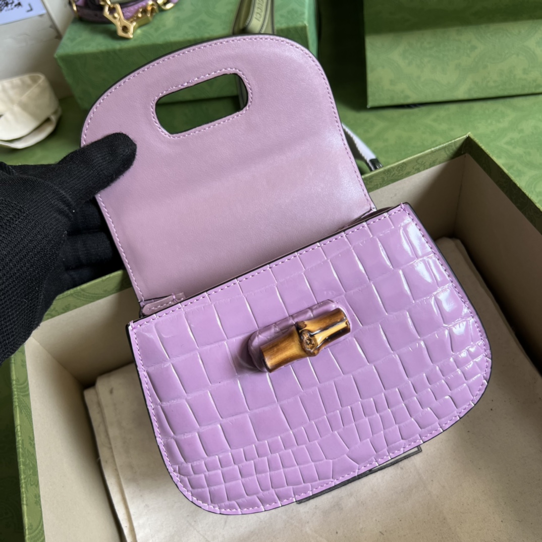 Bagsaaa Bamboo 1947 Mini Top Handle Purple Crocodile Leather Bag - 17x12.5x8cm