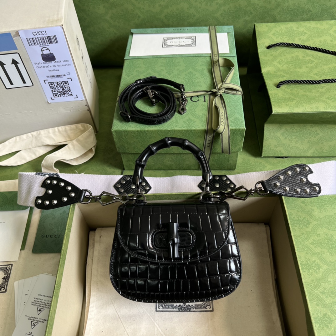 Bagsaaa Bamboo 1947 Mini Top Handle Black Crocodile Leather Bag - 17x12.5x8cm