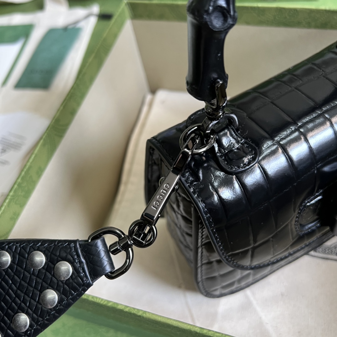 Bagsaaa Bamboo 1947 Mini Top Handle Black Crocodile Leather Bag - 17x12.5x8cm