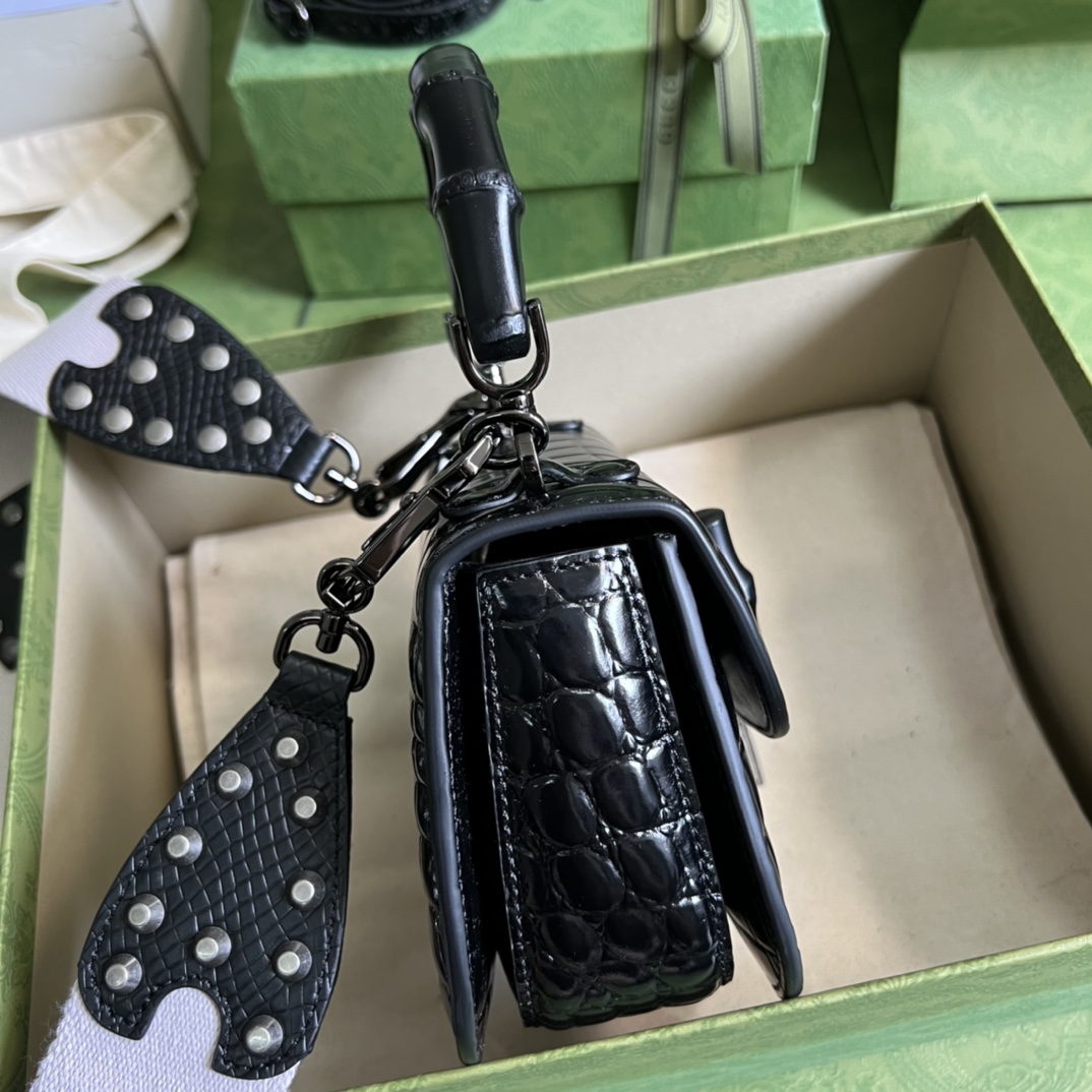 Bagsaaa Bamboo 1947 Mini Top Handle Black Crocodile Leather Bag - 17x12.5x8cm