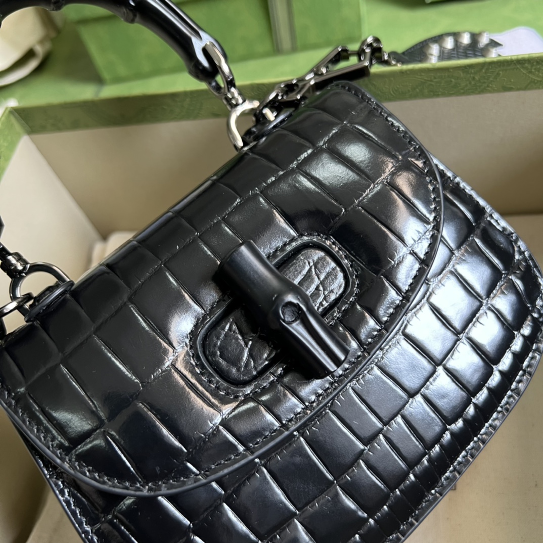 Bagsaaa Bamboo 1947 Mini Top Handle Black Crocodile Leather Bag - 17x12.5x8cm