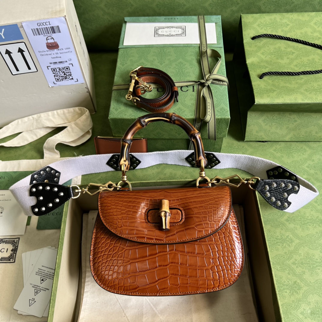 Bagsaaa Bamboo 1947 Small Top Handle Brown Crocodile Leather Bag - 21x15x7cm