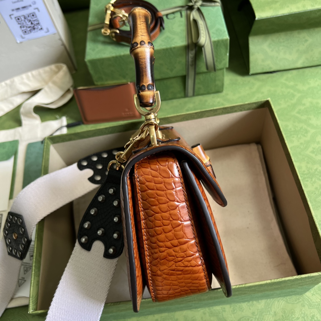 Bagsaaa Bamboo 1947 Small Top Handle Brown Crocodile Leather Bag - 21x15x7cm