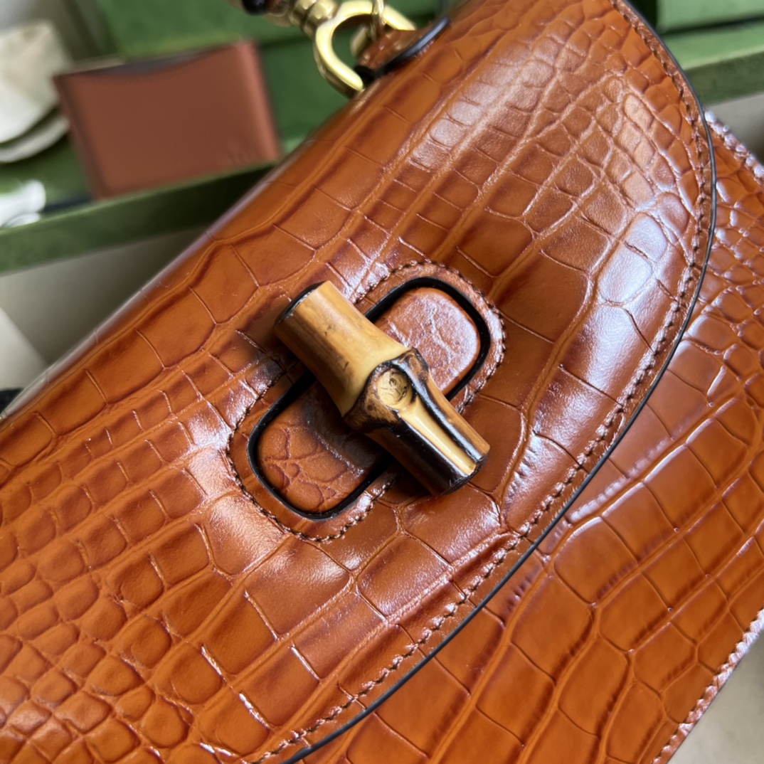 Bagsaaa Bamboo 1947 Small Top Handle Brown Crocodile Leather Bag - 21x15x7cm