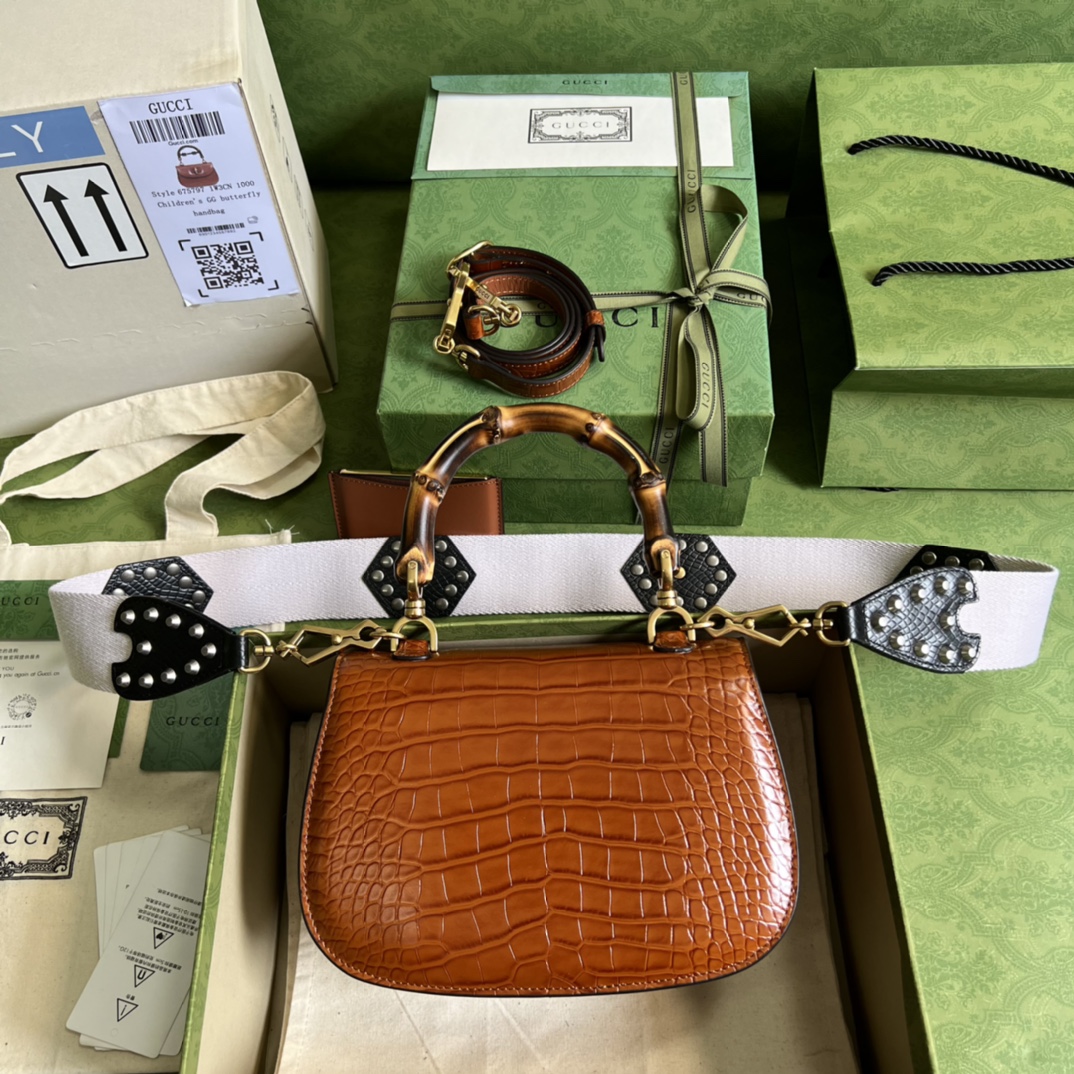 Bagsaaa Bamboo 1947 Small Top Handle Brown Crocodile Leather Bag - 21x15x7cm
