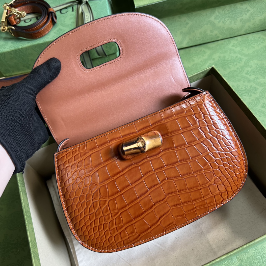 Bagsaaa Bamboo 1947 Small Top Handle Brown Crocodile Leather Bag - 21x15x7cm