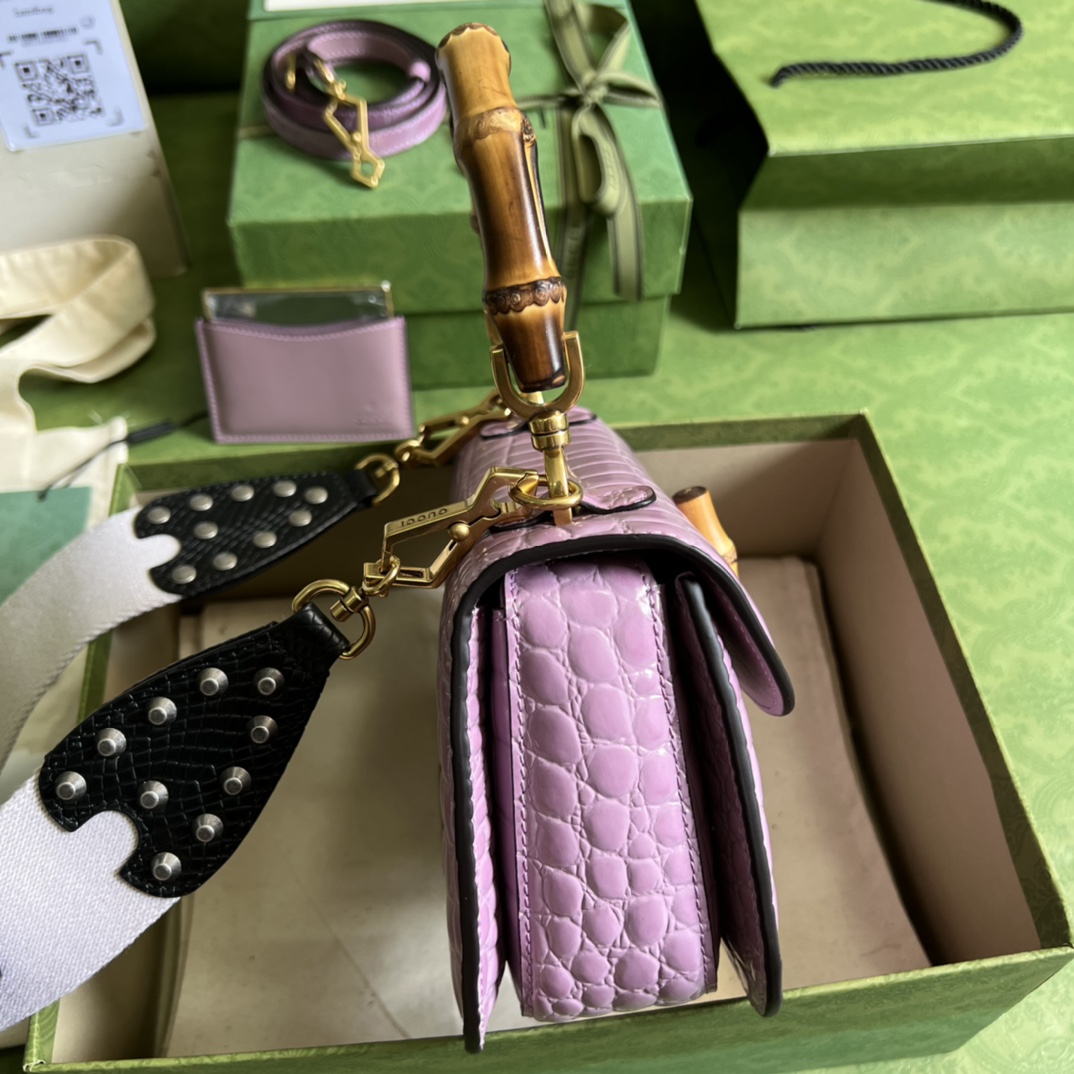 Bagsaaa Bamboo 1947 Small Top Handle Purple Crocodile Leather Bag - 21x15x7cm