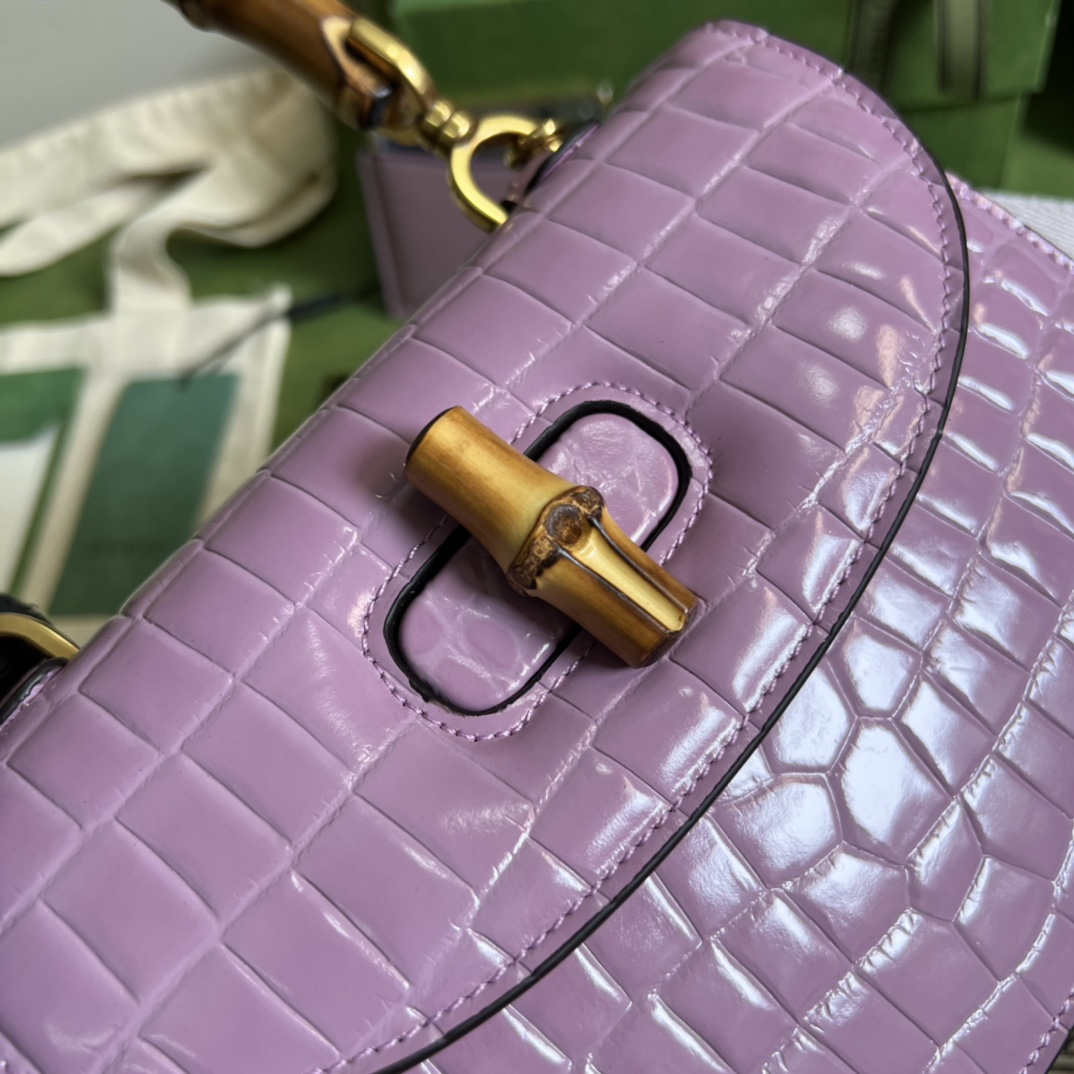Bagsaaa Bamboo 1947 Small Top Handle Purple Crocodile Leather Bag - 21x15x7cm