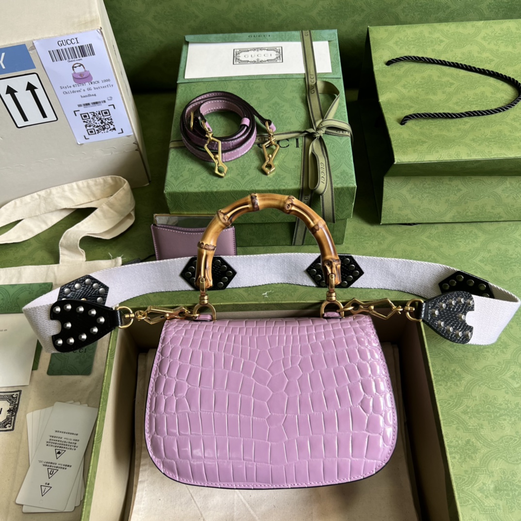 Bagsaaa Bamboo 1947 Small Top Handle Purple Crocodile Leather Bag - 21x15x7cm