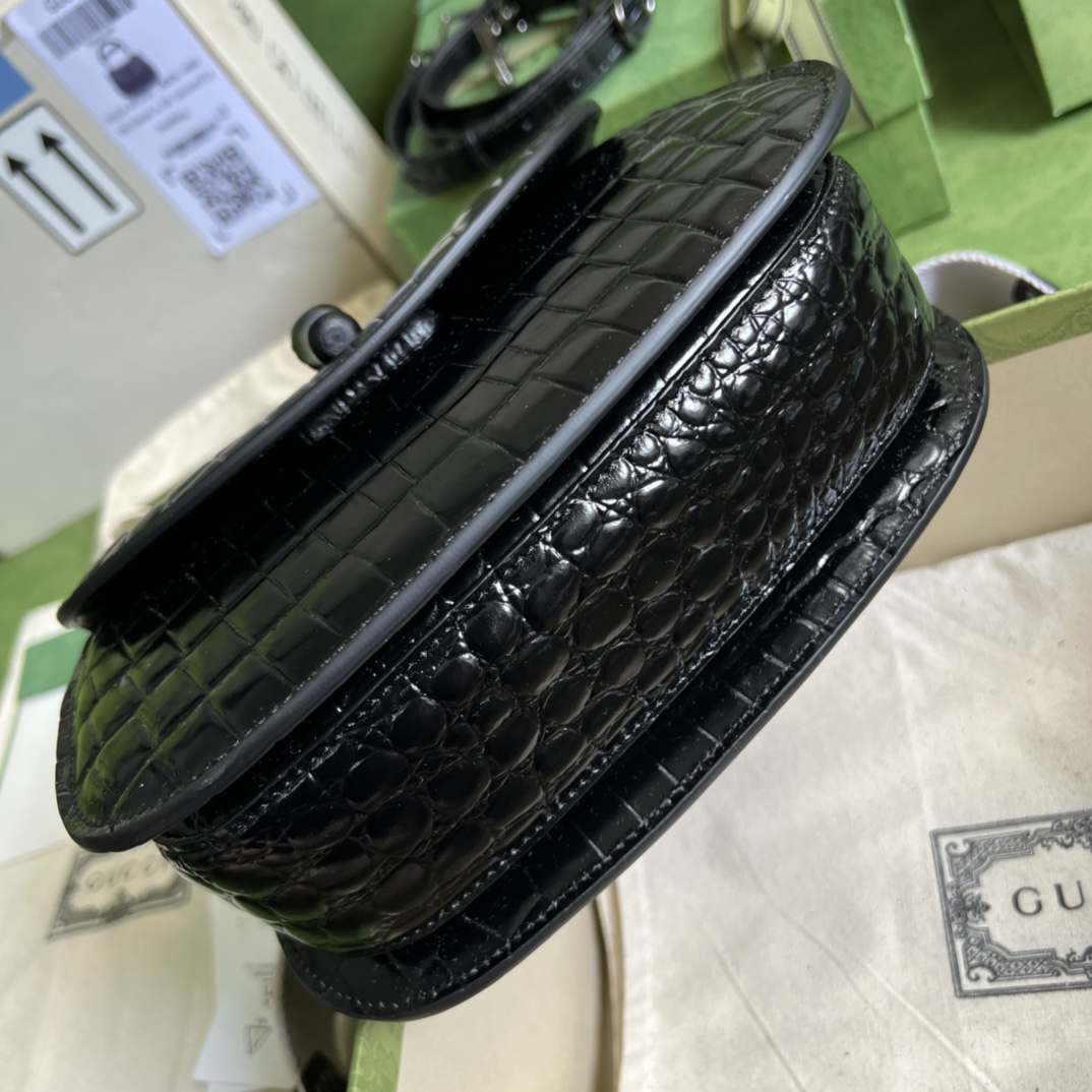 Bagsaaa Bamboo 1947 Small Top Handle Black Crocodile Leather Bag - 21x15x7cm