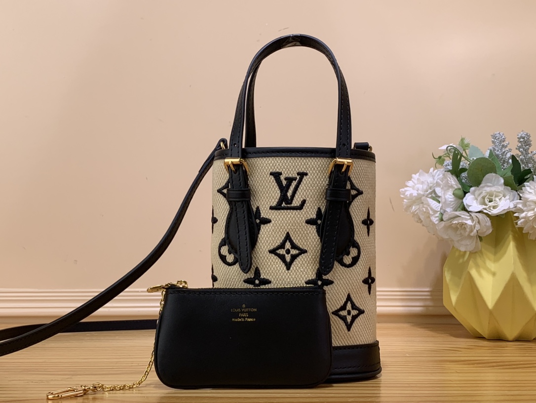 Bagsaaa L0vis Vvtt0n Bucket Nano Bag Noir Beige With Lotus Cotton - 13 x 17 x 9 cm