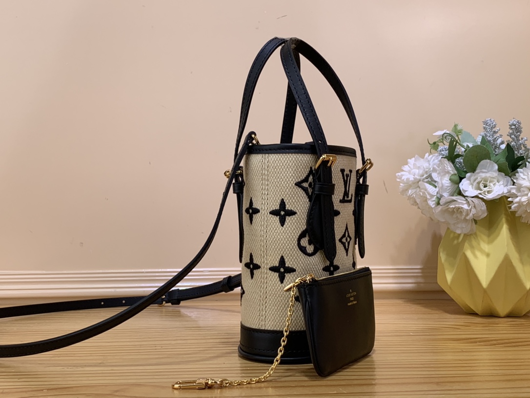 Bagsaaa L0vis Vvtt0n Bucket Nano Bag Noir Beige With Lotus Cotton - 13 x 17 x 9 cm