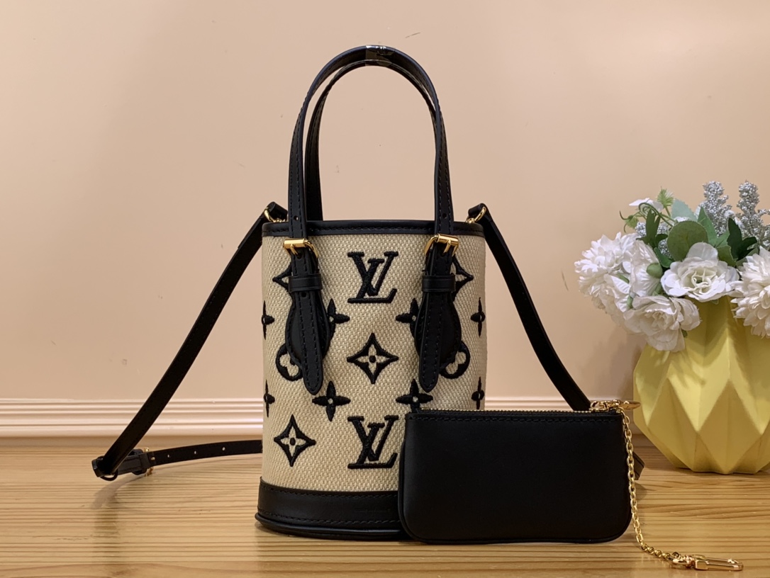 Bagsaaa L0vis Vvtt0n Bucket Nano Bag Noir Beige With Lotus Cotton - 13 x 17 x 9 cm