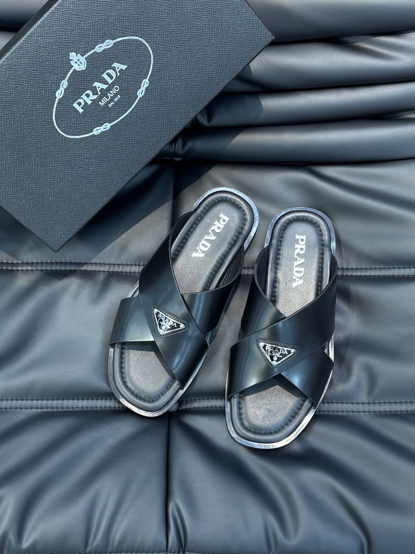 Bagsaaa Pra*a Black Smooth Leather Logo Slides