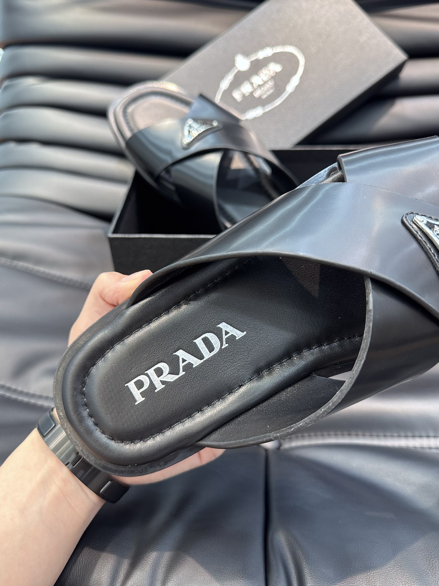 Bagsaaa Pra*a Black Smooth Leather Logo Slides