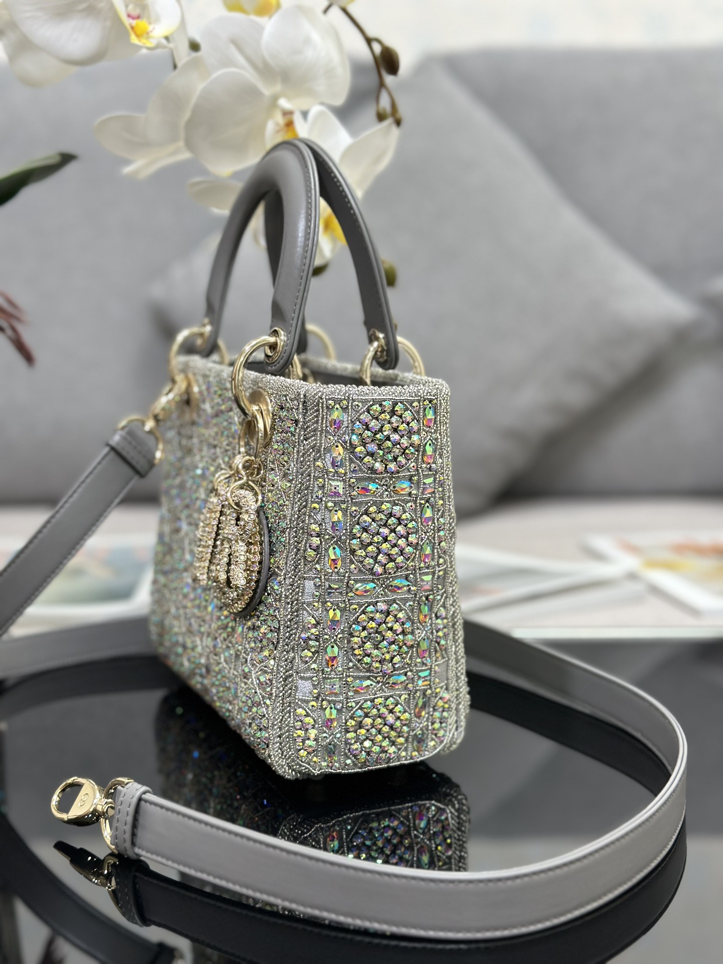Bagsaaa D10r Lady Small Gray Smooth Calfskin and Satin with Bead Embroidery - 20 x 17 x 8 cm