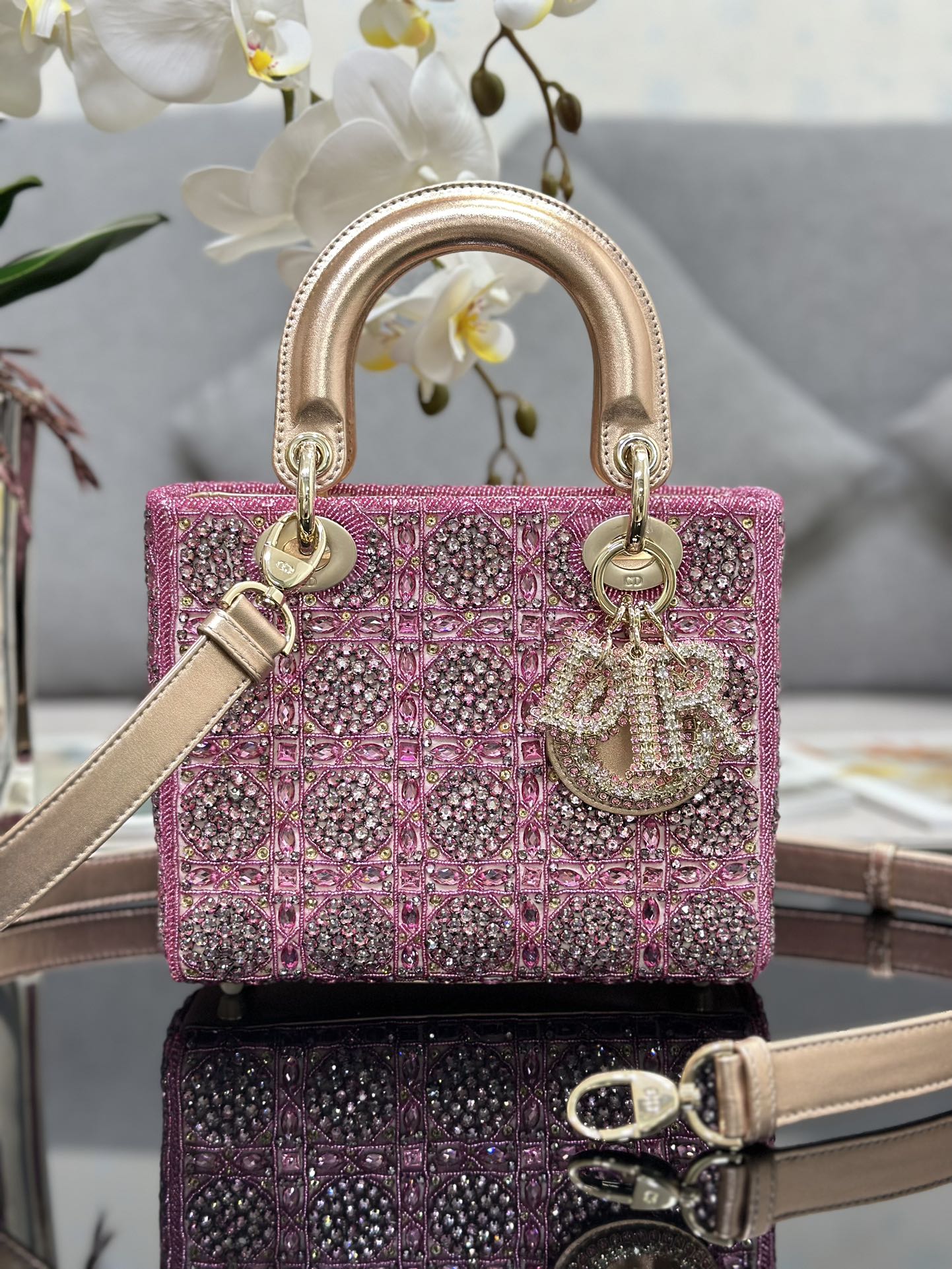 Bagsaaa D10r Lady Small Metallic Calfskin and Satin with Rose Des Vents Resin Pearl Embroidery - 20 x 17 x 8 cm