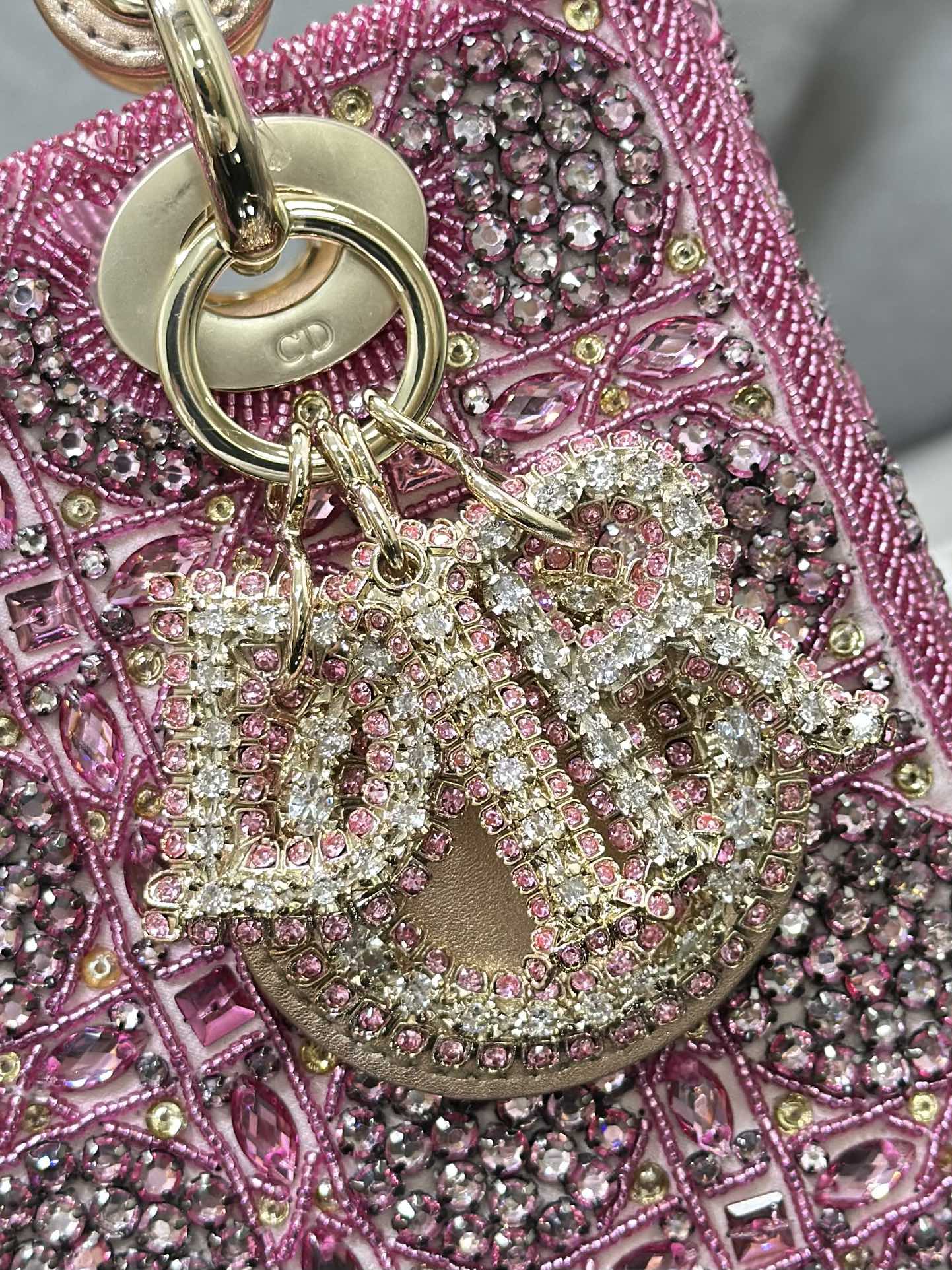 Bagsaaa D10r Lady Small Metallic Calfskin and Satin with Rose Des Vents Resin Pearl Embroidery - 20 x 17 x 8 cm
