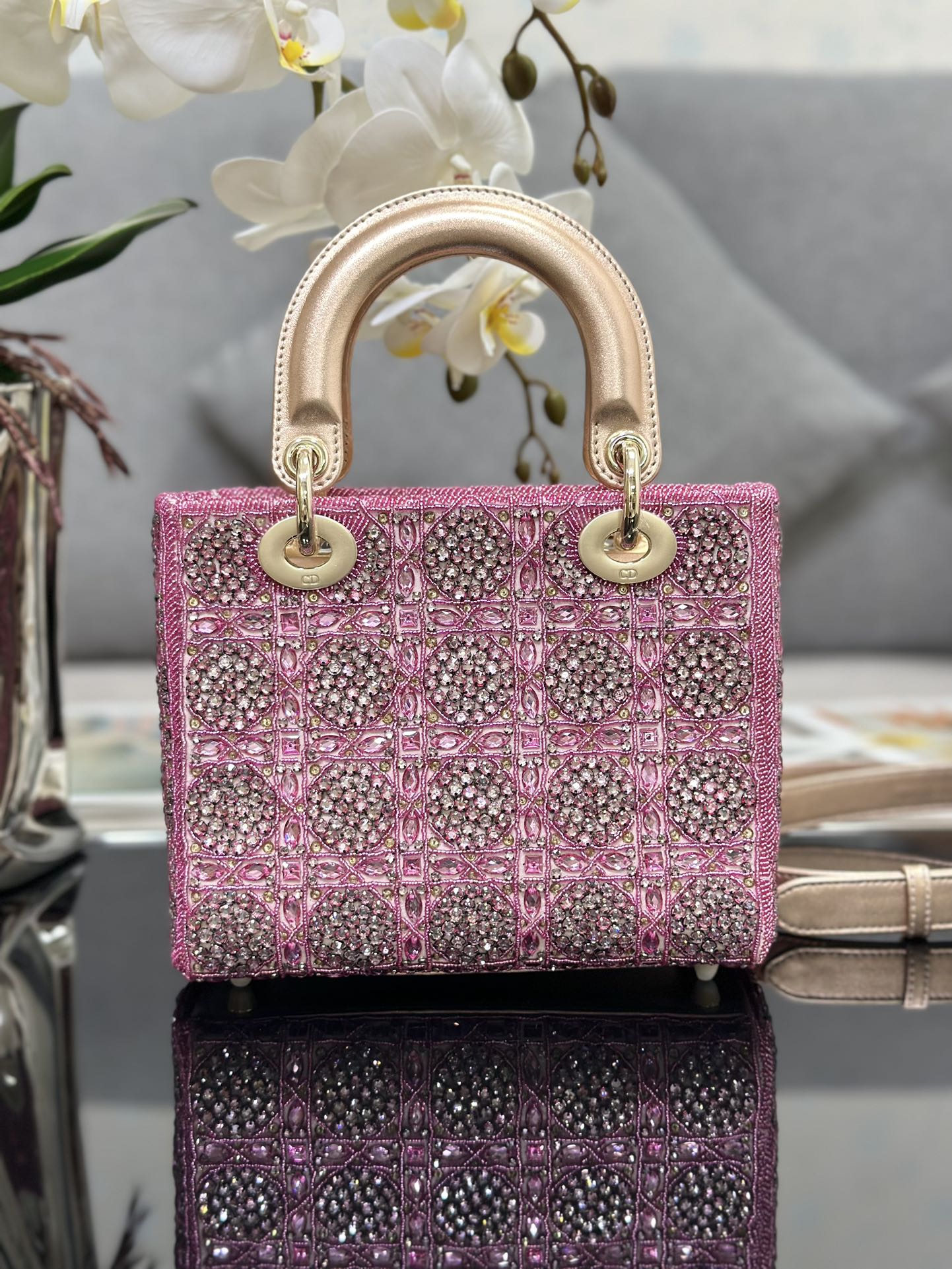 Bagsaaa D10r Lady Small Metallic Calfskin and Satin with Rose Des Vents Resin Pearl Embroidery - 20 x 17 x 8 cm