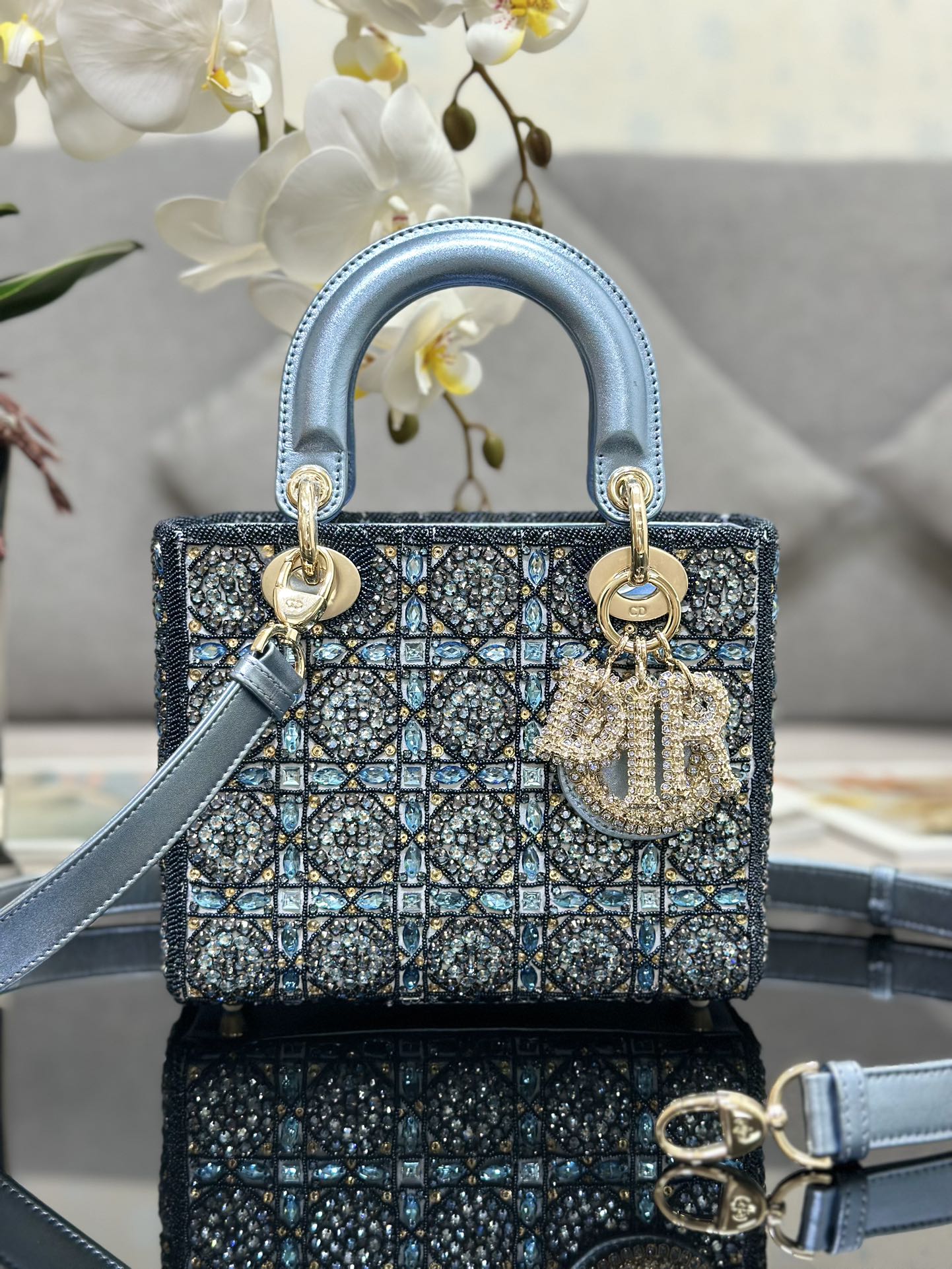 Bagsaaa D10r Lady Small Metallic Calfskin and Satin with Celestial Blue Bead Embroidery - 20 x 17 x 8 cm