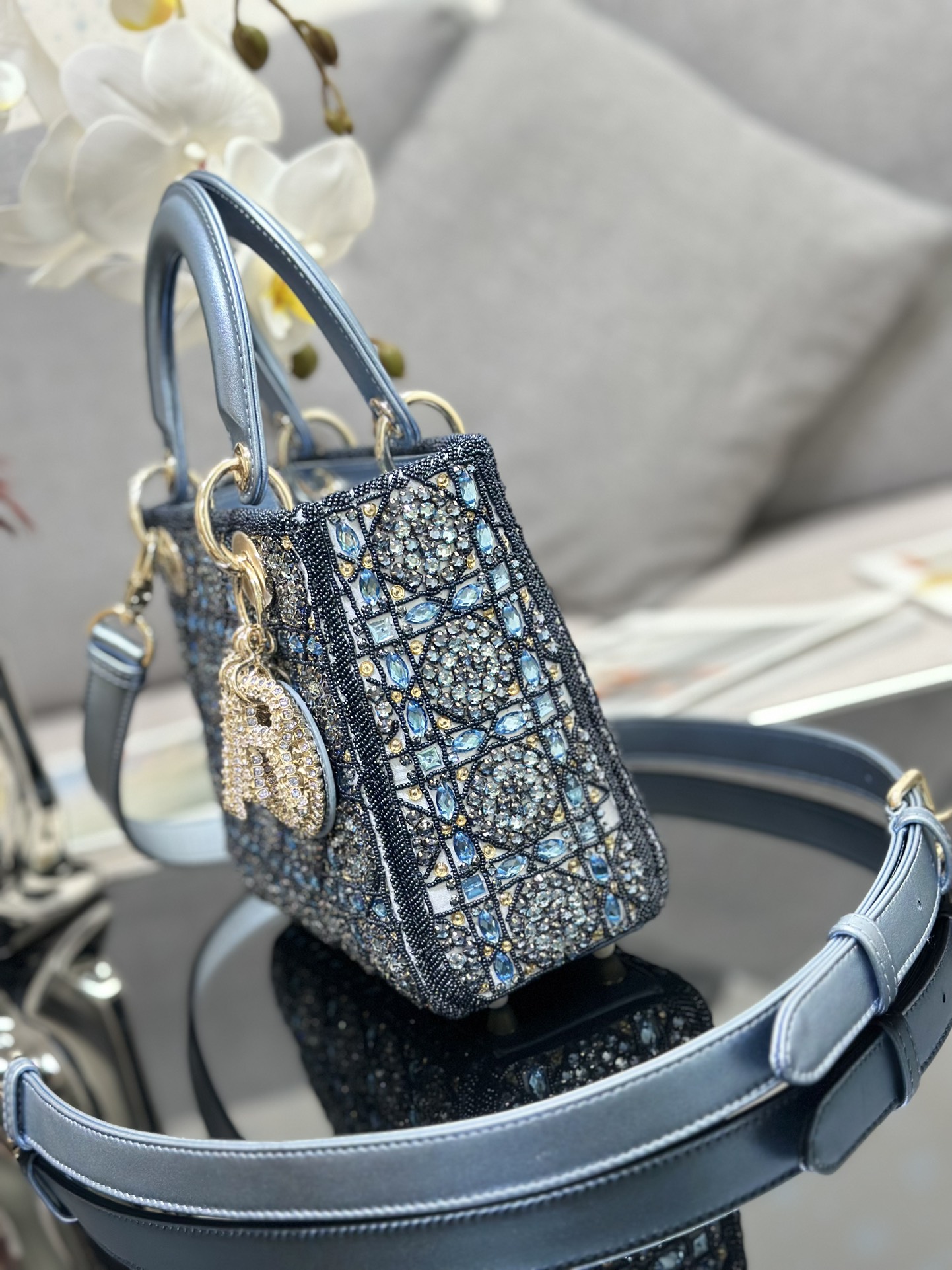 Bagsaaa D10r Lady Small Metallic Calfskin and Satin with Celestial Blue Bead Embroidery - 20 x 17 x 8 cm