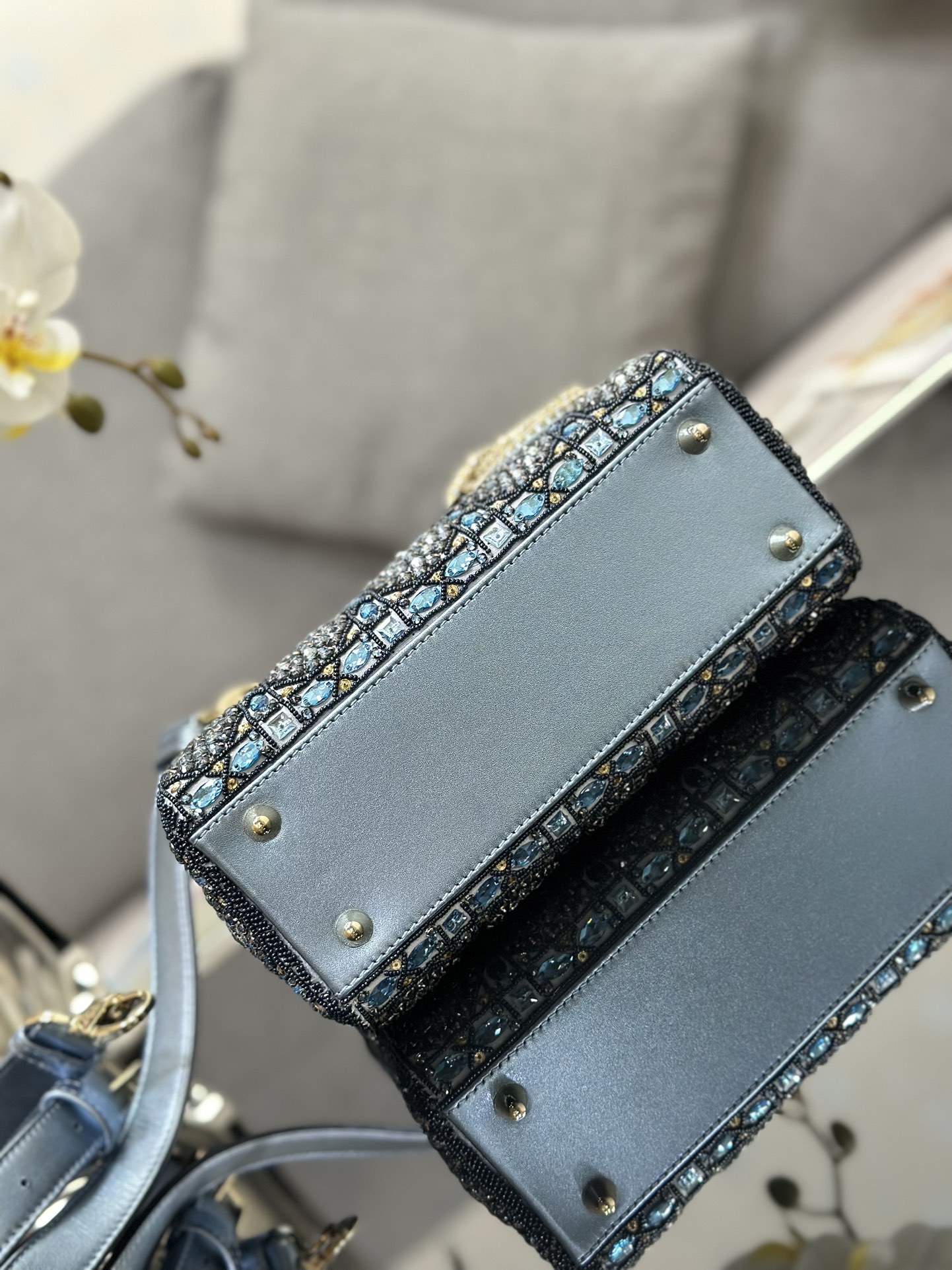 Bagsaaa D10r Lady Small Metallic Calfskin and Satin with Celestial Blue Bead Embroidery - 20 x 17 x 8 cm