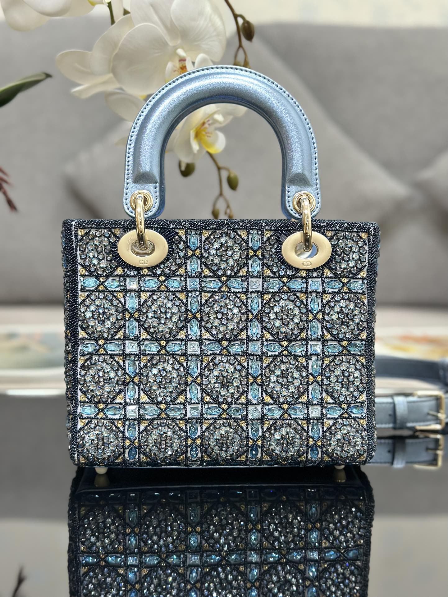 Bagsaaa D10r Lady Small Metallic Calfskin and Satin with Celestial Blue Bead Embroidery - 20 x 17 x 8 cm