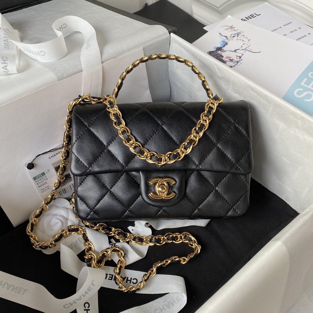 Bagsaaa Ch**el Flap Bag Gold Top Handle Black - 13X21X8cm